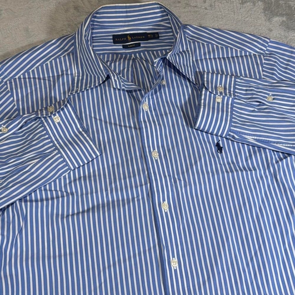 Classic Ralph Lauren Slim Fit Striped Button Down Shirt | Blue White | Large